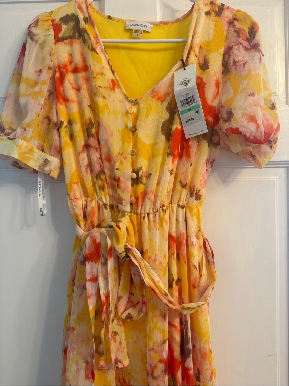 Calvin Klein Yellow Floral Tie-Belt Short Sleeve Dress